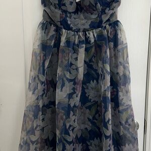 Blue Floral Organza Bustier Midi Dress